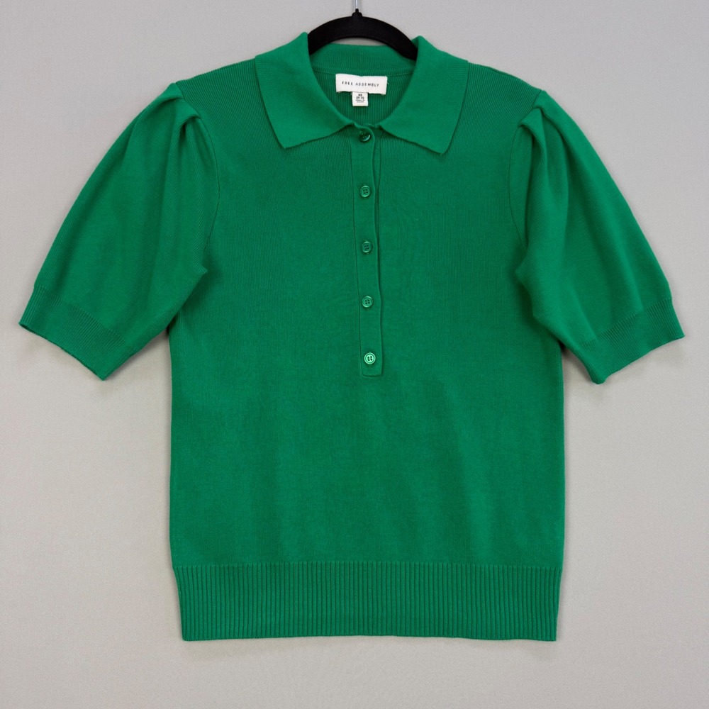 Free Assembly Preppy Puff Sleeve Knit Collared Top Emerald Green Academia XS